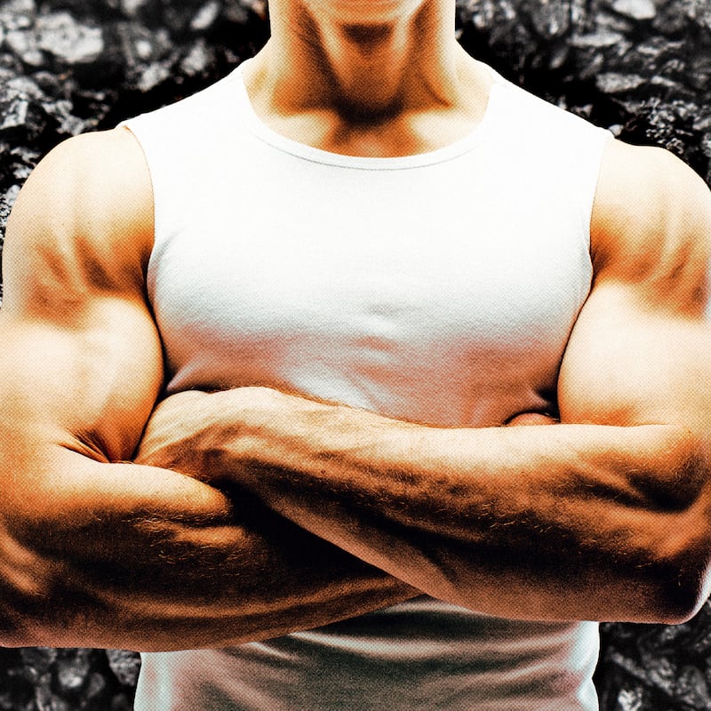 A photo illustration of a muscular man in front of a bowl of shilajit.