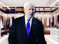 A photo illustration of former President Joe Biden lost inside a walk-in closet.