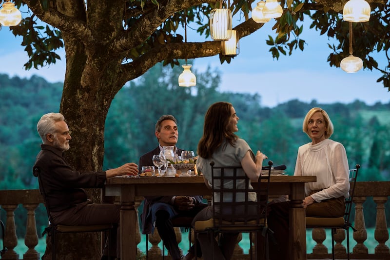 The Diplomat. (L to R) Bradley Whitford as Todd Penn, Rufus Sewell as Hal Wyler, Keri Russell as Kate Wyler, Allison Janney as Grace Penn in episode 407 of The Diplomat. Cr. Erika Kuenka/Netflix © 2026