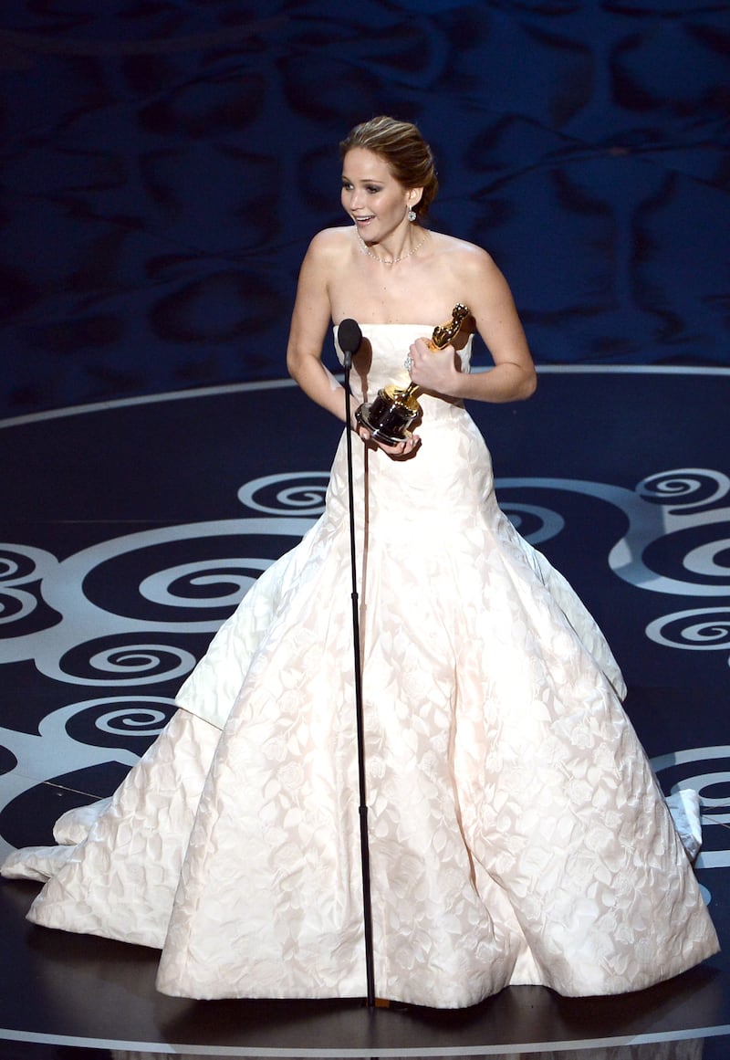 Actress Jennifer Lawrence accepts the Best Actress award for "Silver Linings Playbook" during the Oscars held at the Dolby Theatre on February 24, 2013, in Hollywood, California.