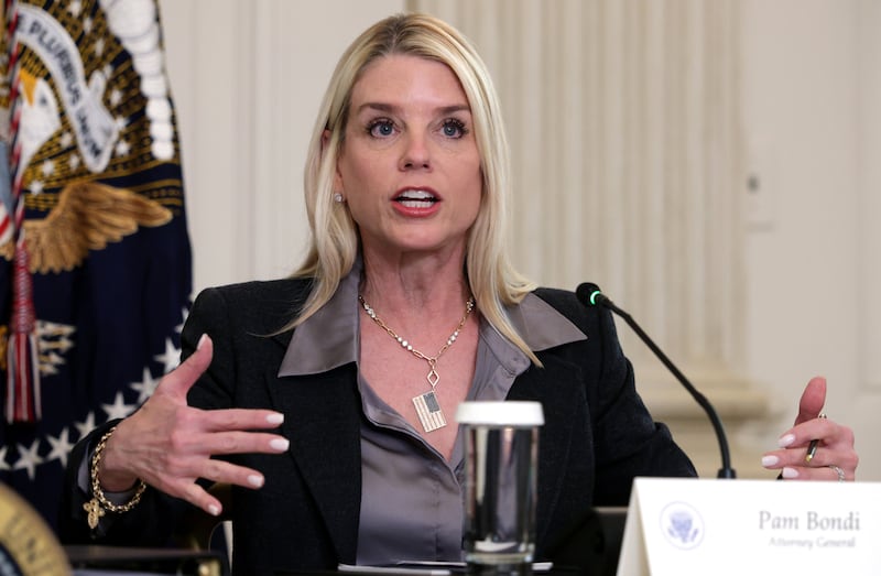 WASHINGTON, DC - OCTOBER 23: U.S. Attorney General Pam Bondi delivers remarks as U.S. President Donald Trump delivers an announcement on his Homeland Security Task Force in the State Dining Room of the White House on October 23, 2025 in Washington, DC. Trump announced the successes of his administration’s task force including the arrests of over 3,000 cartel and foreign terrorist members. (Photo by Alex Wong/Getty Images)
