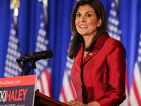 Nikki Haley speaks on stage at her watch party during the South Carolina Republican presidential primary election in Charleston, South Carolina
