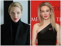 (L-R): Amanda Seyfried as Elizabeth Holmes in "The Dropout" and Elizabeth Holmes.