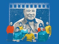 Alt-text: Photo illustration of William Shatner on a blue background