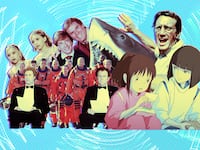 A photo composite of still frames from the movies Armageddon, Spirited Away, Jaws, Clifford, Passport to Paris, and Step Brothers.