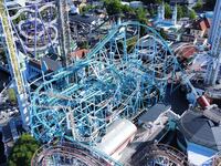 This aerial view taken on June 26, 2023 shows the Jetline rollercoaster one day after the rollercoaster derailed at the Grona Lund amusement park in Stockholm, Sweden, killing one person and injuring several others. The park will be closed this week after the fatal accident. (Photo by Marko SAAVALA / various sources / AFP) / Sweden OUT (Photo by MARKO SAAVALA/TT NEWS AGENCY/AFP via Getty Images)