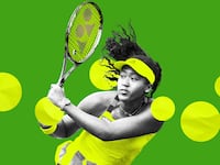 Photo illustration of tennis player, Naomi Osaka, on a green background with bright yellow balls