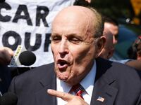Rudy Giuliani speaks to the media after leaving the Fulton County jail on August 23, 2023 in Atlanta, Georgia. Giuliani is one of 19, including former President Donald Trump, facing felony charges in the indictment related to tampering with the 2020 election in Georgia who have been ordered to turn themselves in by August 25.