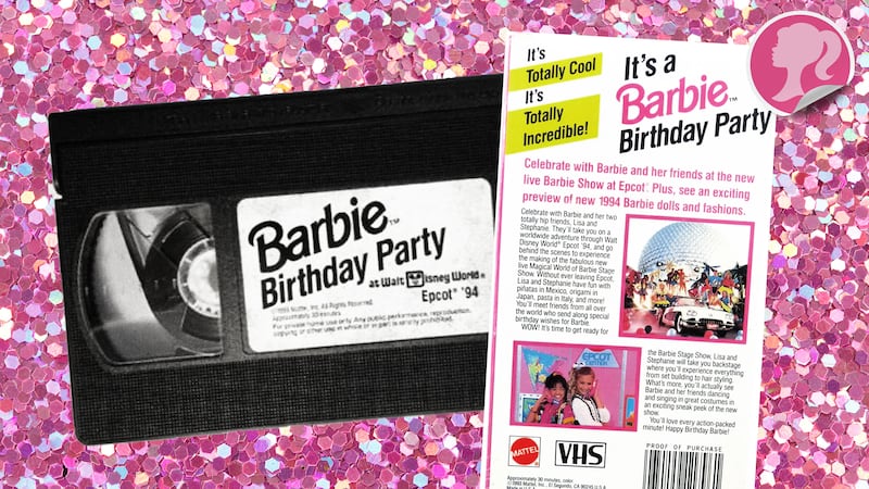 An illustration including photos of the VHS Tape Barbie's Birthday Party in Disney World.