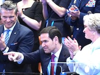 Secretary of State Marco Rubio is recognized by President Donald Trump as he speaks to the Knesset, Israel's parliament, Monday, Oct. 13, 2025, in Jerusalem.