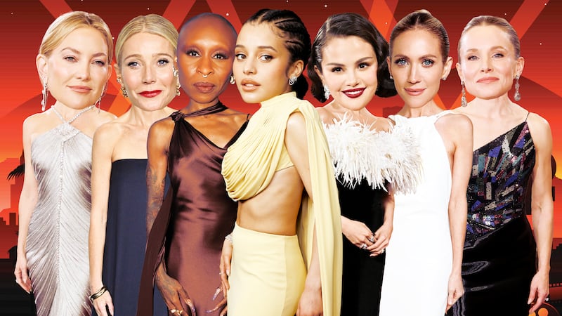 A photo illustration of Kate Hudson, Gwyneth Paltrow, Cynthia Erivo, Chase Infiniti, Selena Gomez, Brittany Snow, and Kristen Bell.