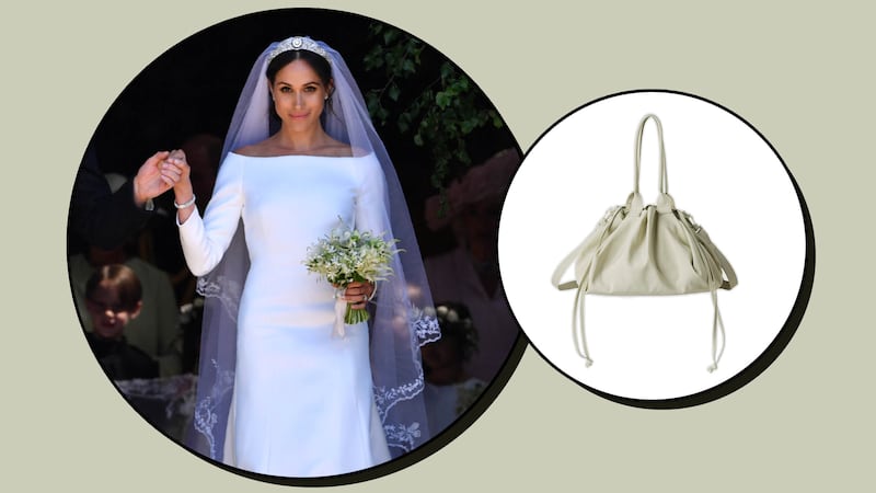 Meghan Markle on her wedding day in left inset; Uniqlo bag in right inset