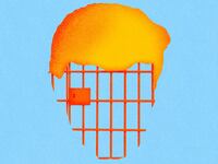 Illustration of Donald Trump’s hair on a face made of prison bars on a blue background.