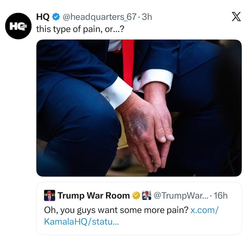 HQ
@headquarters_67
·
3h
this type of pain, or...?
Followed by a picture of Trump's bruised hands