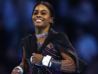 Gabby Douglas looks on prior to the 2024 Core Hydration Classic at XL Center on May 18, 2024 in Hartford, Connecticut