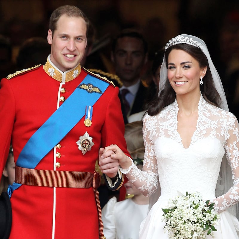 Prince William and Princess Catherine smile following their marriage at Westminster Abbey on April 29, 2011, in London, England.