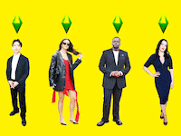 Manny Jacinto, Camila Mendes, Daniel Kaluuya, and Kat Dennings with green Sims diamonds above their heads