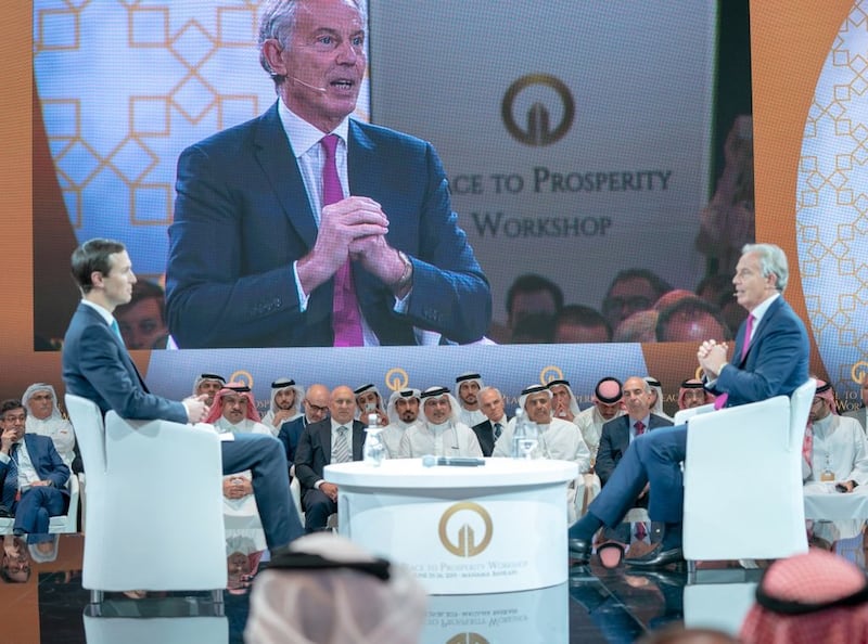 MANAMA, BAHREIN - JUNE 26: Former British Prime Minister Tony Blair (R) and Jared Kushner (L), U.S. President Donald Trumps senior White House adviser and son-in-law attend U.S.-led workshop in Manama, Bahrain on June 26, 2019. U.S.-led conference opened in Bahrain on Tuesday, during which U.S. officials are expected to unveil the economic portion of the American back-channel Middle East peace plan known as "deal of the century".
(Photo by BNA - Pool/Anadolu Agency/Getty Images)