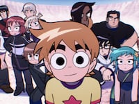 Michael Cera as Scott Pilgrim with the cast of Scott Pilgrim Takes Off.