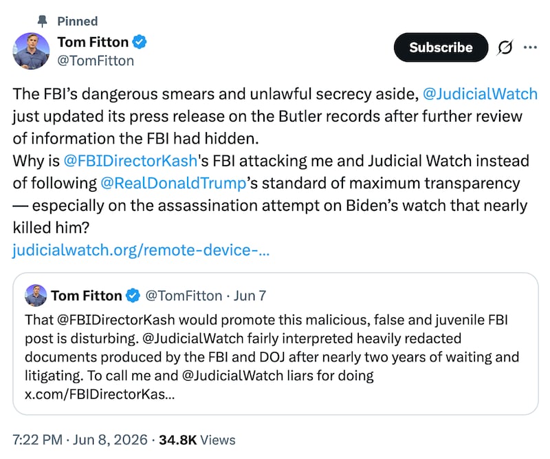 Tom Fitton's post complaining about the FBI's "dangerous smears."