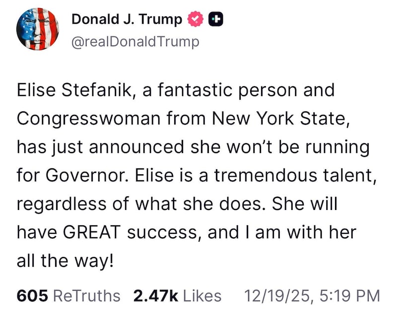 Trump Truth Social post on Elise Stefanik
