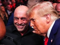 (L-R) Daniel Cormier, Joe Rogan and President-elect Donald Trump talk during the UFC 309 event at Madison Square Garden on November 16, 2024 in New York City.
