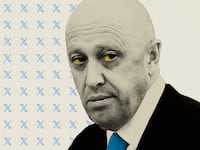 Photo illustration of Yevgeny Prigozhin with yellow eyes and the X/Twitter symbol tiled to his left.