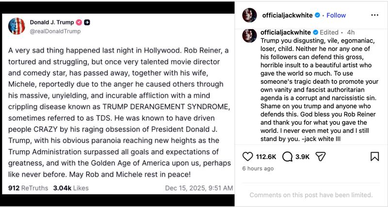 White's reaction to Trump's post about Reiner