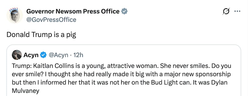 The official account of Gov. Gavin Newsom's press office reacts to Donald Trump's WHCD speech.