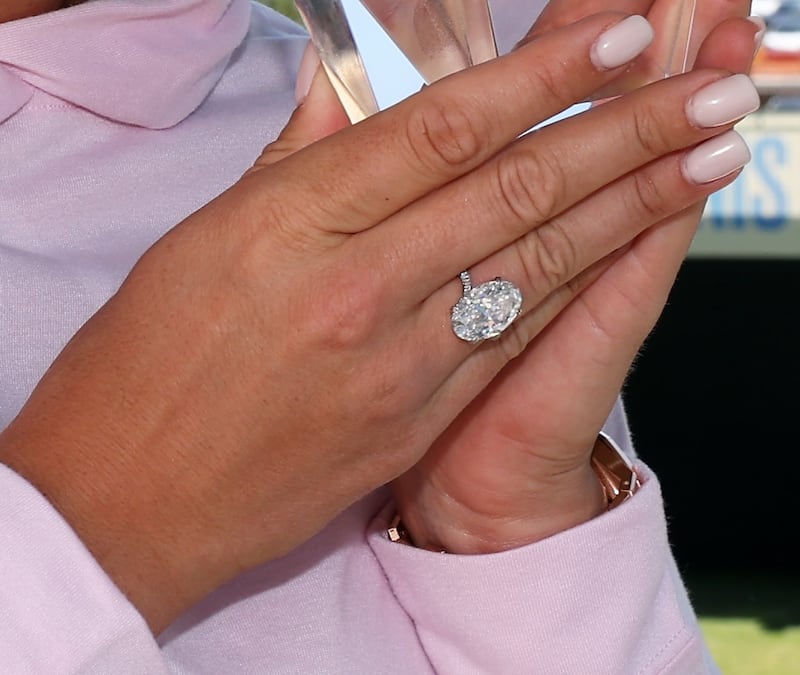 A closer look at Aryna Sabalenka's oversized, oval-cut diamond engagement ring.
