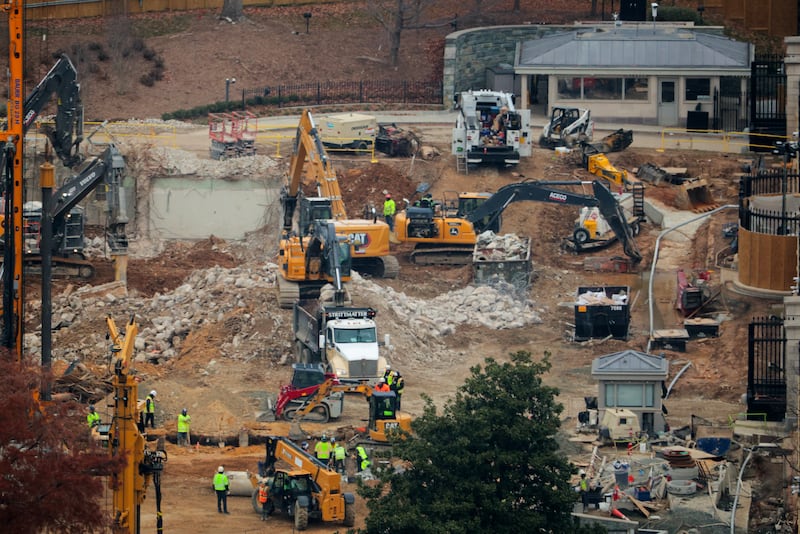 WASHINGTON, DC - DECEMBER 08: Demolition work continues where the East Wing once stood at the White House on December 08, 2025 in Washington, DC. President Donald Trump ordered the 123-year-old East Wing and Jacqueline Kennedy Garden leveled to make way for a new 90,000-square-foot ballroom that he says will cost around $300 million and will be paid for with private donations. (Photo by Chip Somodevilla/Getty Images)