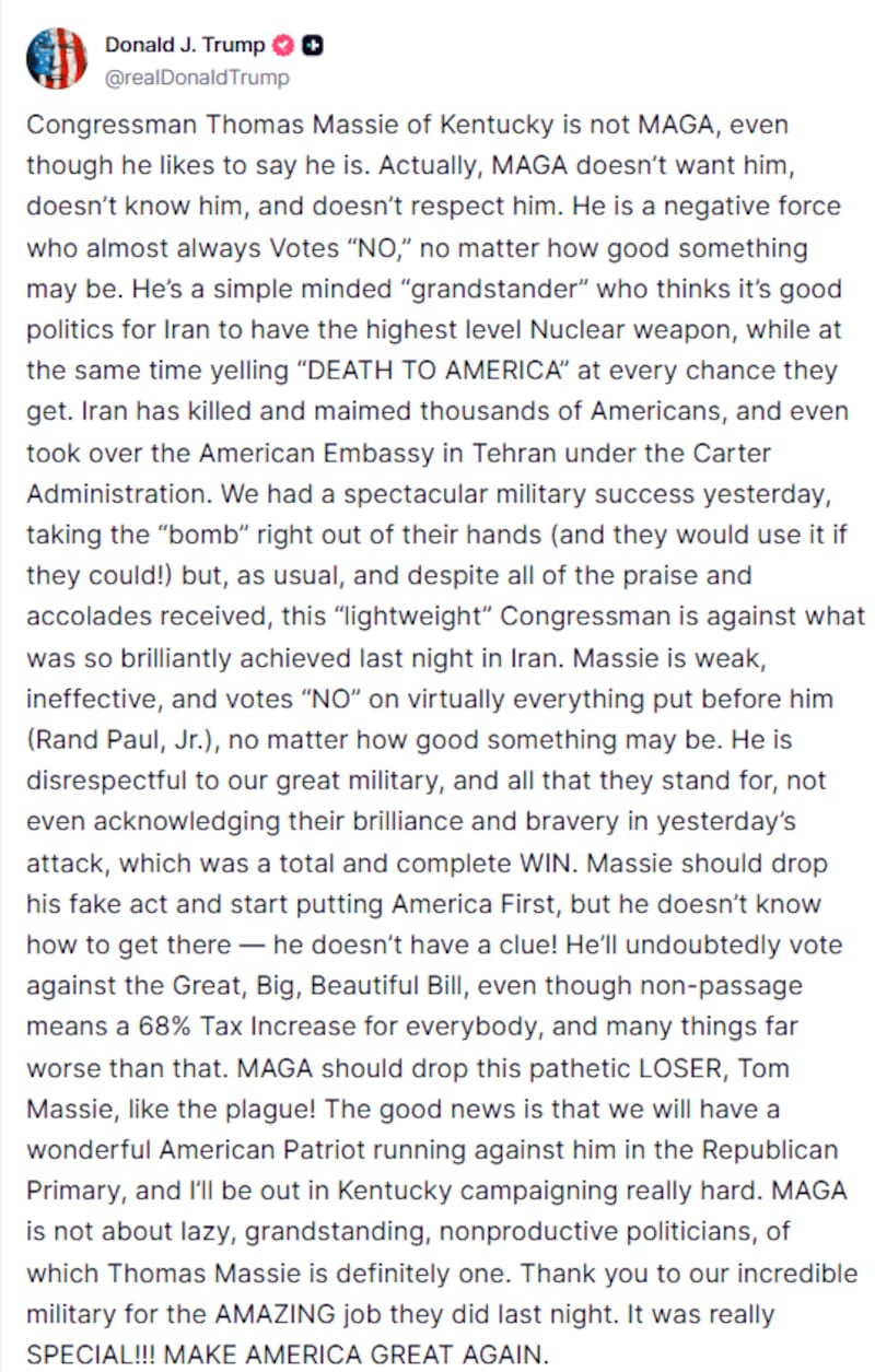 Donald Trump ranted against Massie's defections in a post on Truth Social