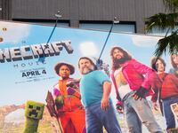 HOLLYWOOD, CA - APRIL 04: General view of the 'Minecraft' skyscraper billboard campaign at Hollywood & Highland on April 04, 2025 in Hollywood, California.