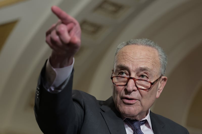 WASHINGTON, DC - MAY 06: U.S. Senate Minority Leader Chuck Schumer (D-NY) speaks to reporters following the weekly Democrat Senate policy luncheon at the U.S. Capitol on May 06, 2025 in Washington, DC. Senators spoke about a variety of topics including small business week. (Photo by Kayla Bartkowski/Getty Images)