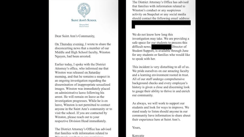A memo sent by Saint Ann’s School in Brooklyn to parents and members of the community.