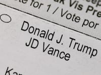 the names of the candidates for the 2024 Presidential election, including Republican presidential nominee, former U.S. President Donald Trump, and Democratic presidential nominee, Vice President Kamala Harris, appear on a vote-by-mail ballot on October 02, 2024 in Miami, Florida.