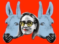 Photo illustration of senator Kyrsten Sinema with two donkey masks behind her on a red background
