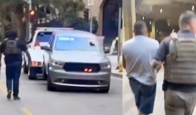 Bobby Nuñez is arrested (R) after towing away an ICE truck (L)