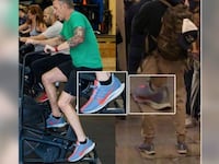 An FBI photo shows a screenshot of a Facebook photo with him in gym shoes side-by-side with a photo of him in the same shoes on Jan. 6 at the Capitol