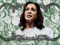 Photo illustration of Vice President Kamala Harris surrounded by money.