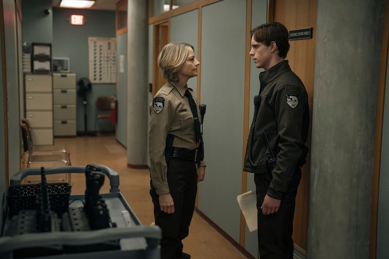 Jodie Foster as Chief Liz Danvers and Finn Bennett as Officer Peter Prior in True Detective Night Country