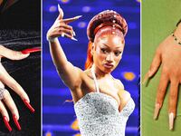 A photo composite of Megan Thee Stallion and her different manicures.