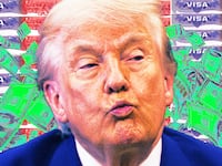 A photo illustration illo of Donald Trump, money and HB1 visas.