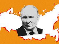 A photo illustration showing Vladimir Putin in front of a map of Russia with its borders outlined in red.
