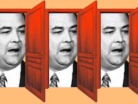 Photo illustration of Christian Ziegler in repeating red open doors on an orange background.