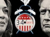 Photo illustration of Kamala Harris and Donald Trump as a clock ticks down to Election Day.