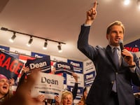 U.S. Rep. Dean Phillips speaks to supporters during a presidential campaign rally on January 22, 2024 in Manchester, New Hampshire.
