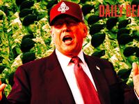 A photo illustration of Donald Trump and military members behind him for the podcast.