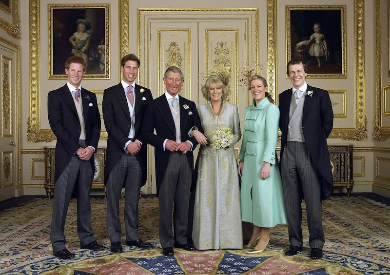 Because they held their wedding as a civil ceremony, King Charles opted for morning dress for his wedding to Queen Camilla in 2005. Prince Harry, Prince William, and Tom Parker Bowles all matched the king in traditional gray striped pants.