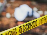 "A series of photos showing a visit to a crime scene. Investigators are investigating a murder with a firearm.